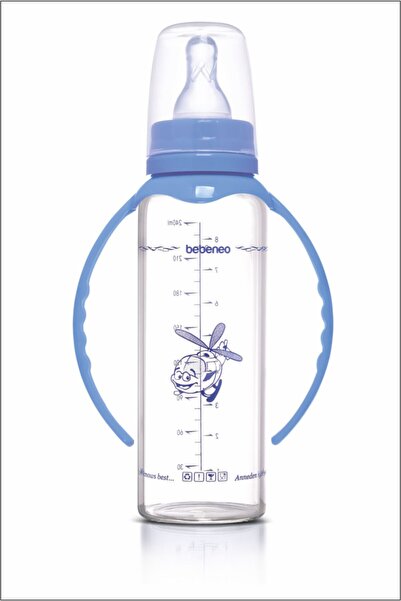 BEBENEO Isıya Dayanıklı Cam Biberon 240 ml, Mavi, Sağlıklı ve Güvenli, Şık Ta...