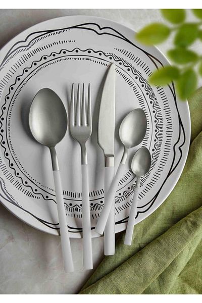 The Mia Matte Silver and White Fork Spoon Knife Set 24 Pieces