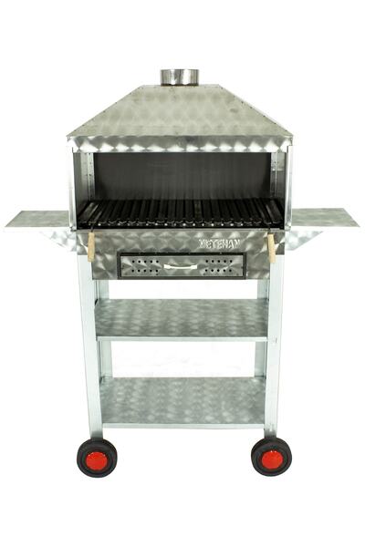 METEHAN MANGAL SOBA Davlumbazlı Bacalı Lama Izgaralı Çekmeceli Kanatlı Krom Mangal (4 Tekerlekli) Mth-273