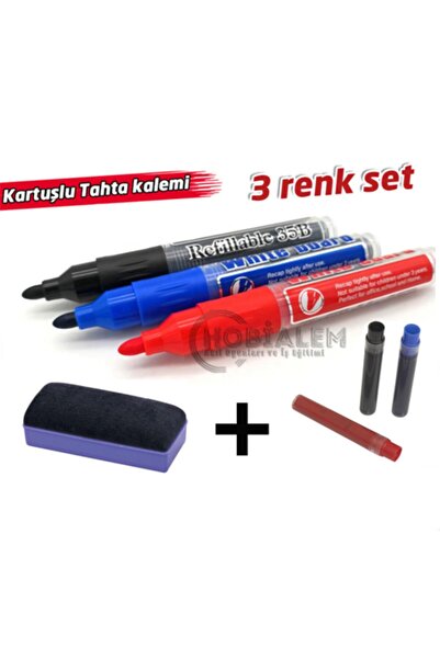 Hobialem 3 Adet, Beyaz Tahta Kalemi, 3 Adet Yedek Kartuş, 1 Adet Silgi