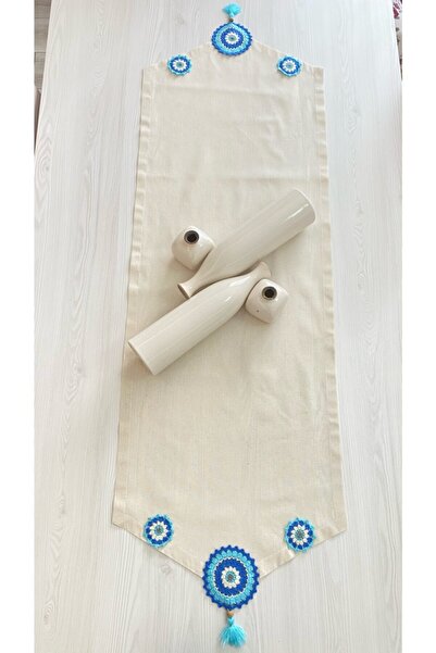 White Alamode Runner de in brut cu ciucuri și motiv de mărgele de ochi rău