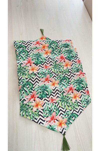 White Alamode Floral Patterned Digital Tassel Runner