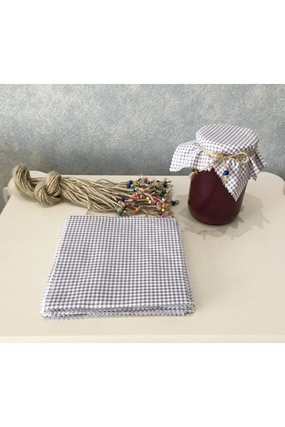 El Emeği 50 Pieces Gingham Gray Jar Lid Fabric (Cover) and Beaded Binding Rope