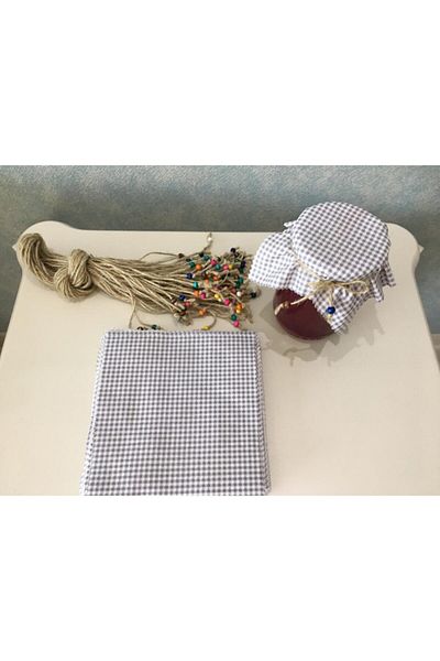 El Emeği 50 Pieces Gingham Gray Jar Lid Fabric (Cover) and Beaded Binding Rope