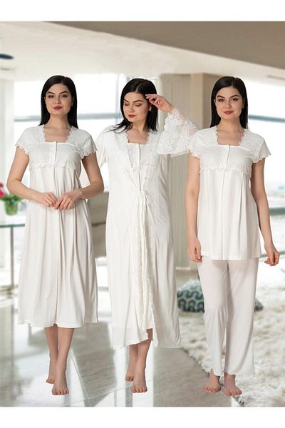 Effort Pijama Ecru Women's Pajamas Set - Nightgown and Dressing Gown Maternity Pregnant Set of 4 5015