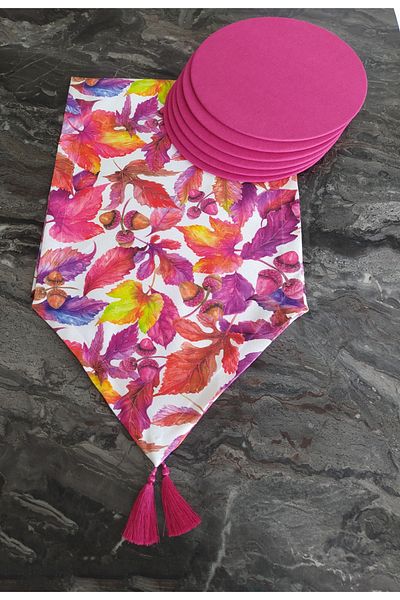 dehaberk Leaf Pattern Runner + 6 Pieces Fuchsia Placemat Set