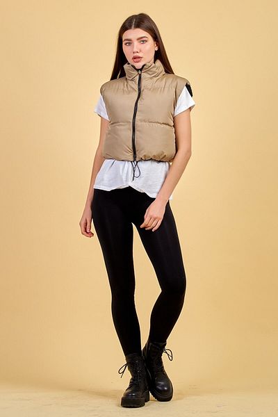ladyzey Women's Beige Black Double Sided Drawstrable Short Puffer Vest