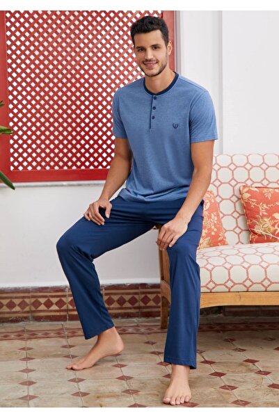 Eros Erkek Mavi %100 Pamuk Kısa Kollu Pijama Takımı - Melanj 28082