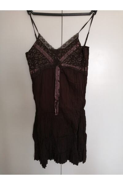 Butik Tülin Otantik Pamuk Kahve Bürümcük Pul Nakışlı Askılı Şık Elbise
