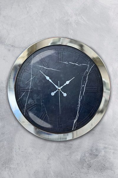 Kasva Concept 36 cm Chrome Metal Black Marble Wall Clock