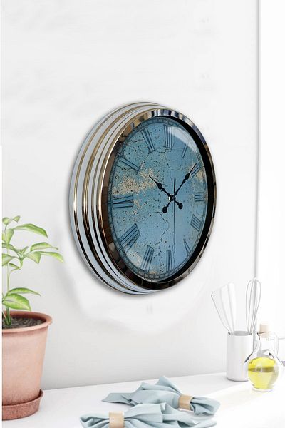 Kasva Concept Cadou 40 Cm Crom Metal Albastru Ceas de Perete