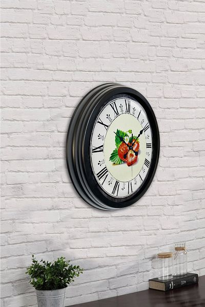 Kasva Concept Δώρο 40 εκ. Μαύρο Μεταλλικό Ρολόι Τοίχου Φράουλα