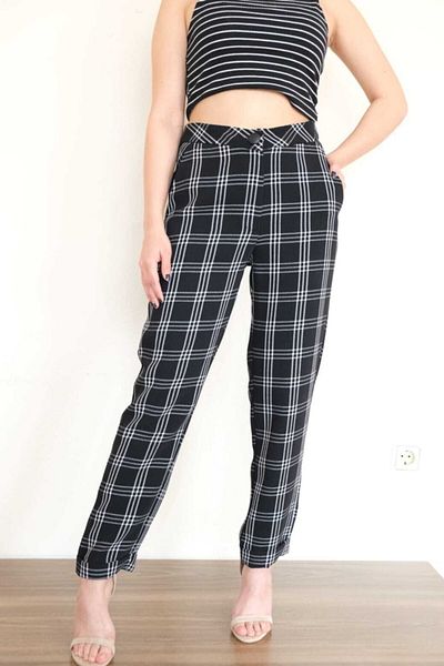 TWİN COLLECTION Plaid Patterned Black Fabric Trousers