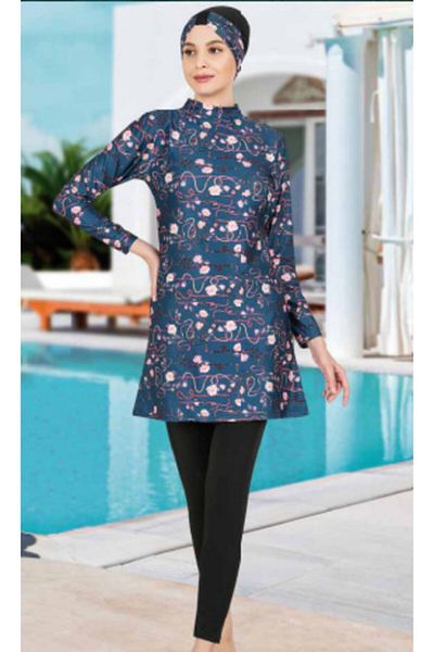 Fantasy 3107 Printed Pattern Indigo Hijab Swimsuit