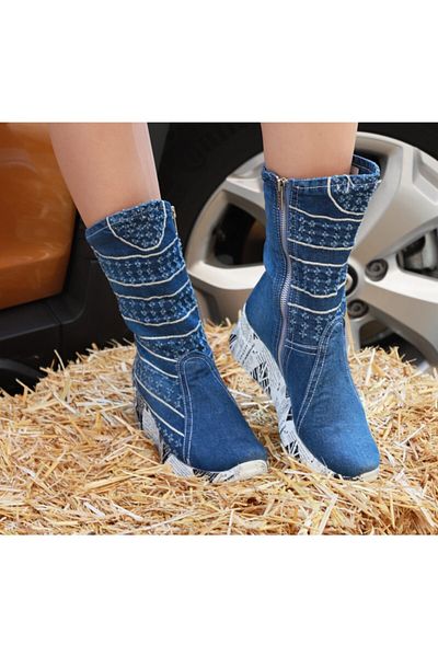 StarBlueMooN Women's Blue Denim Long Boots