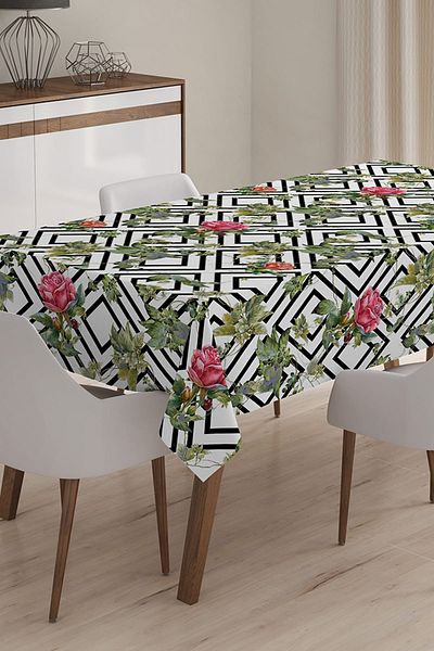 Realhomes Față de masă 3D imprimată digital cu tematică florală modernă - 140 x 180 cm