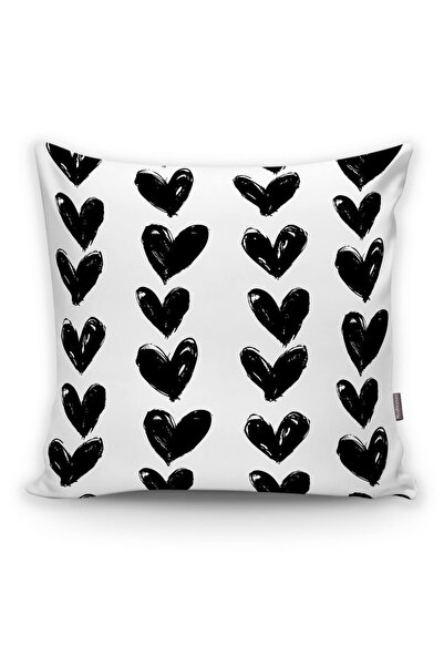 Realhomes Siyah Kalp Desenli Dijital Baskılı Dekoratif Kırlent Kılıfı