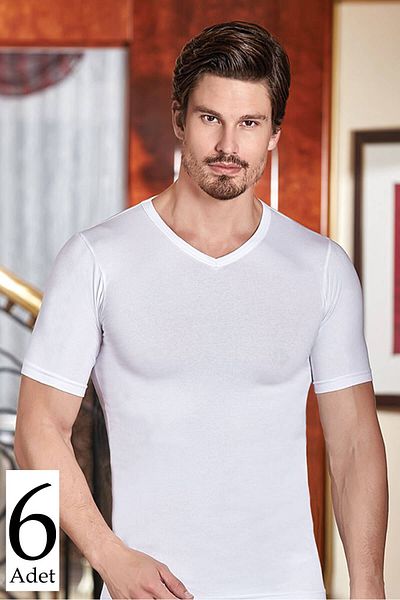 Berrak Men's White 6-Piece Lycra Short Sleeve V-Neck Undershirt MBR10276