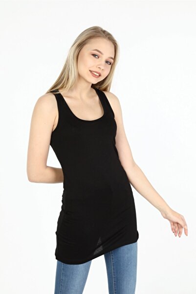 DISENTIS MODEST Kadın Siyah Kalın Askılı Rambo Viskon Uzun Body