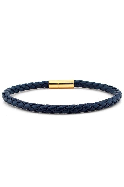 Solfera Men's Navy Blue Knit Leather Yellow Clip Thin Bracelet Bt522