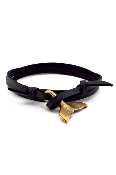 Solfera Men's Whale Tail Black Genuine Leather 3 Sira Wrap Bracelet BT363