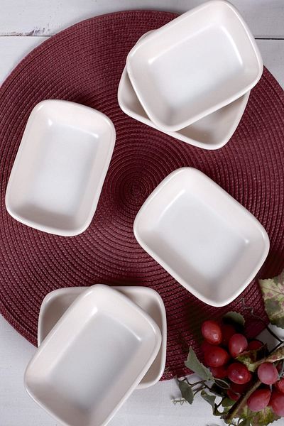 Keramika Matte Off-White Rectangular Snack Bowl / Boat 13 Cm 6 Pieces