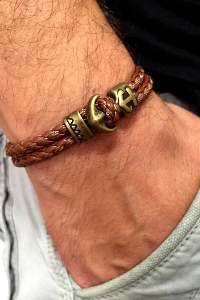 Solfera Men's Tan Color Leather Bronze Anchor Bracelet Bt074