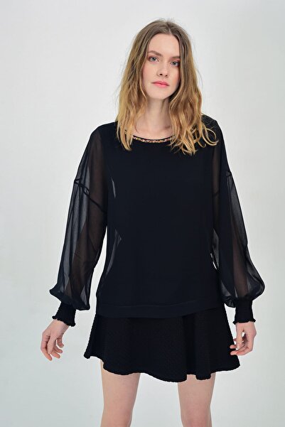 Hanna's by Hanna Darsa Kadın Lacivert Uzun Kollu Bisiklet Yakalı Renkli Boncu...