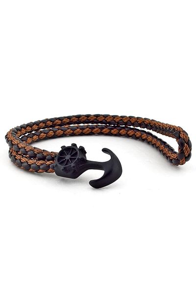 Solfera Men's Black Metal Anchor String Leather Bracelet Bt258