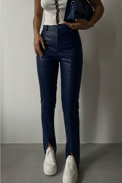bayansepeti Pantaloni Saks de damă cu talie înaltă cu fante din piele artificială 200060