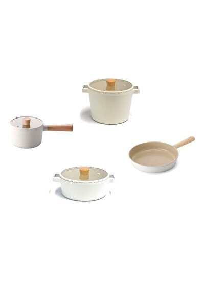 NEOFLAM Fika 7 Parça Bej, Seramik Kaplama, Sosluk, Tencere Ve Tava Seti