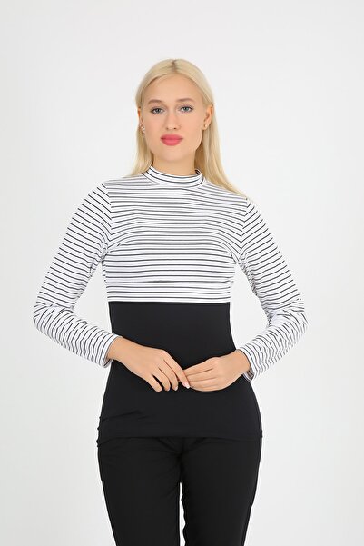 ModaCanel Crop Likralı Beyaz Siyah Çizgili Crop İçlik