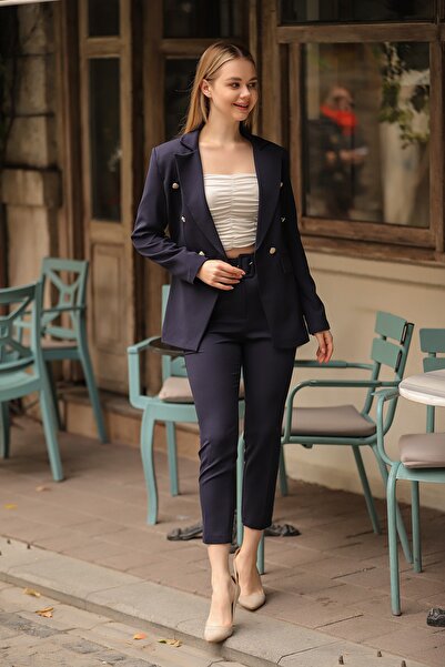 diaves original designs Lacivert Blazer Ceket Kemerli Cepli Boru Paça Pantolon Takım