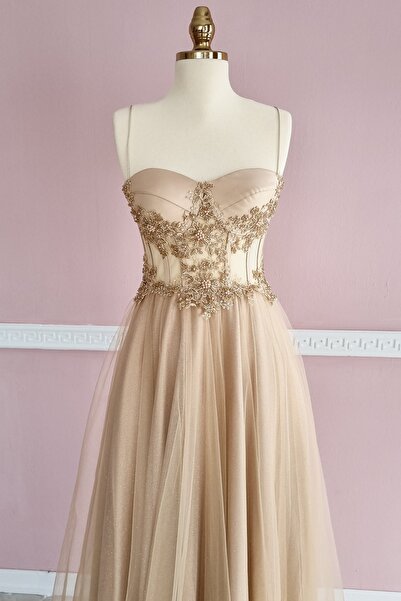 Lenta Moda Ten Rengi Transparan Kristal Işlemeli Dantel Detaylı Simli Abiye Ve Nikah Elbise