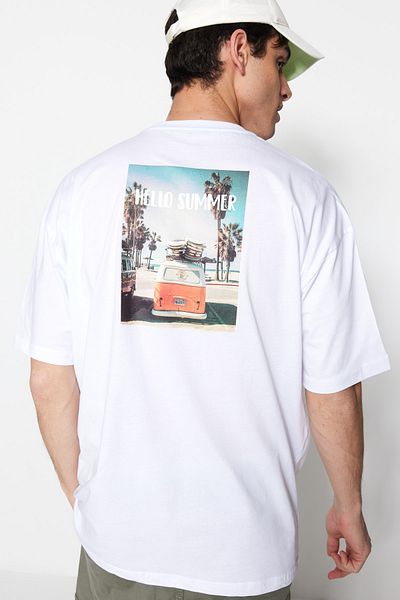 Trendyol Collection Βαμβακερό μπλουζάκι Landscape Printed White Oversize - TMNSS21TS0619