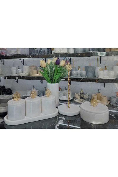 Sümeyra Marble Art Valdera- Marble Tray / 3 Pieces of Marble Spice Rack with Lid / Paper Towel Holder / Box with Lid (Set of 7)