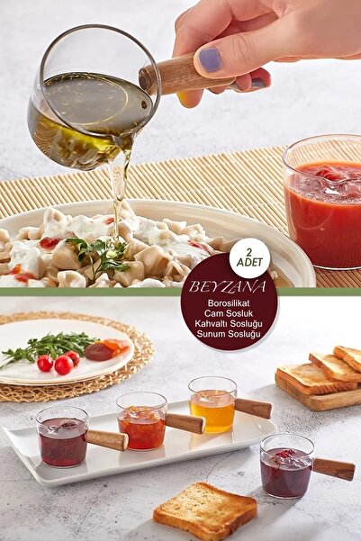 BEYZANA Ahşap Saplı 2'li Borosilikat Cam Sütlük Sunumluk | Mika Sosluk Kahvaltı Sosluğu Sunum Sosluğu