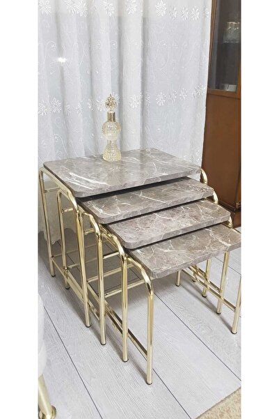 GÜVENÇ Zigon Sehpa Sarı Nikelaj Kaplama Metal Ayaklı Gri Mermer Desen