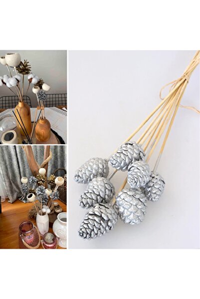 Asenya Çam Kozalak 6 Adet Bambu Saplı Gümüş Renk Doğal Yılbaşı Kozalağı Dekor...