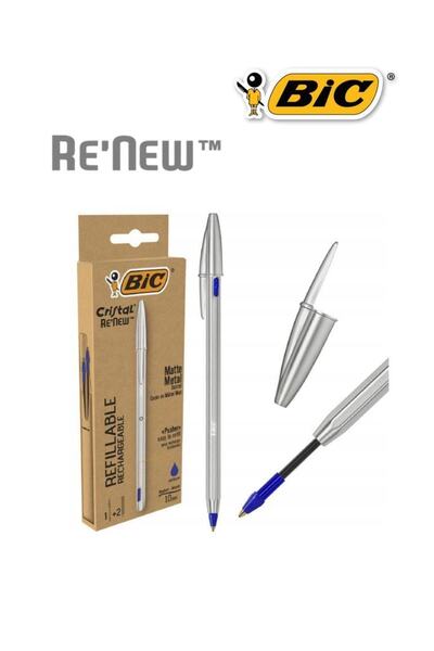 Bic قلم حبر جاف أزرق قابل لإعادة التعبئة من كريستال رينيو مع طرفين احتياطيتين، عبوة واحدة