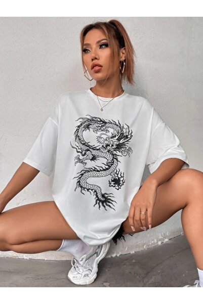 MOONBULL Oversize White Dragon Printed White T-shirt