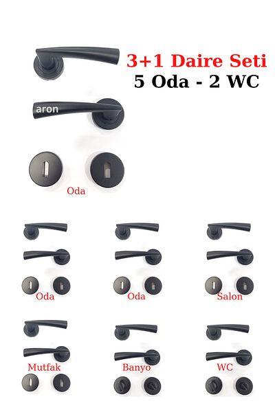 ARON (7 Sets) Sofuoğlu Lux Hazal Matte Black Round Stainless Rosette Handle (3+1) Circle Set Door Handle