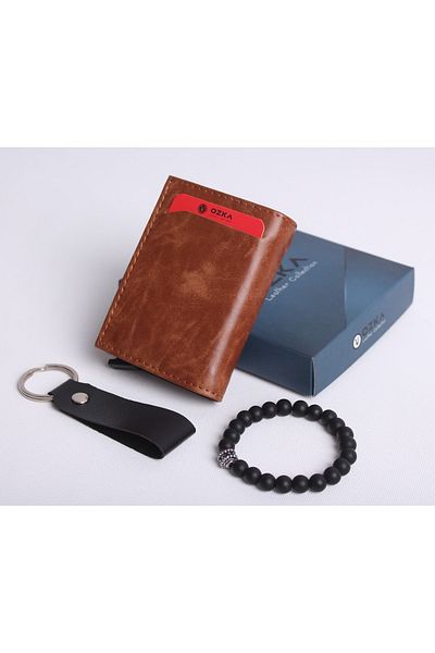 Ozka Leather Collection Нов модерен луд кожен портфейл с автоматичен механизъм - подарък за ключодържател и гривна