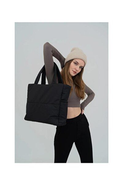 DZC KUZENLER AVM Kabartmalı Puf Kumaş Çanta Napoli Siyah Ağzı Fermuarlı Kol Omuz