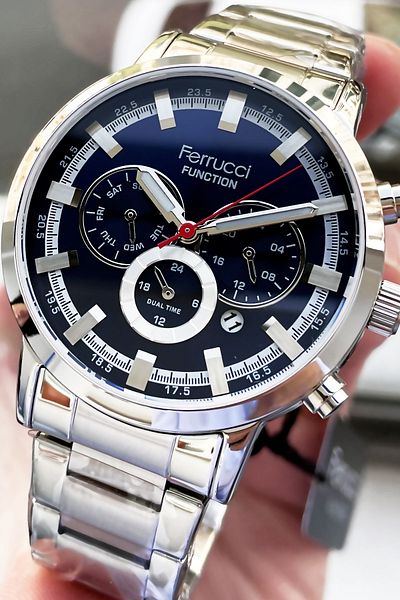 Ferrucci Function Men's Wristwatch 3 ATM Waterproof Silver Color Steel Strap + Bracelet Gift Elg188