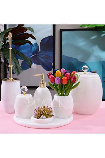 MIARIK DESIGN & DEKORASYON Dekoratif Beyaz Mermer Banyo Seti Takımı 7 Li Gold...