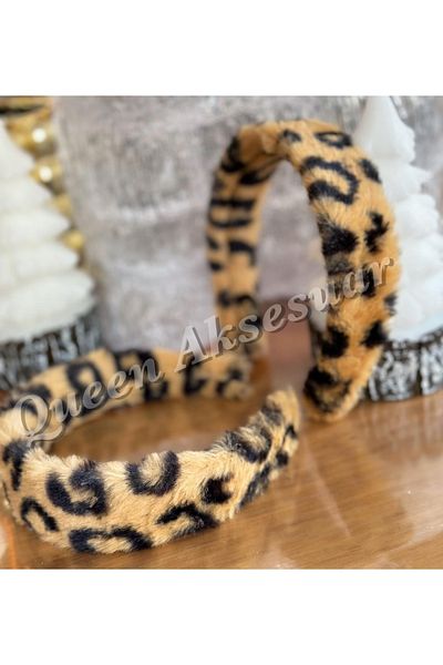 QUEEN AKSESUAR Plush Furry Crown Tiger Leopard Yellow Black Patterned Crown 1 Piece