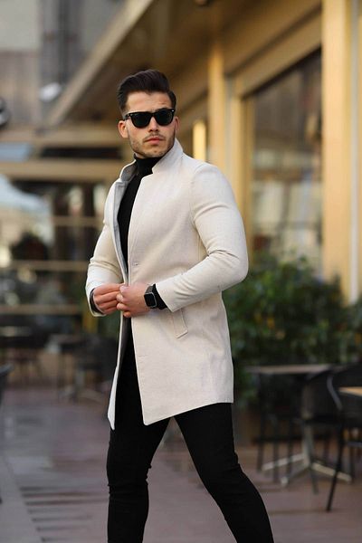 Ser Joven Men's Ecru Slim Fit Stand Collar Coat