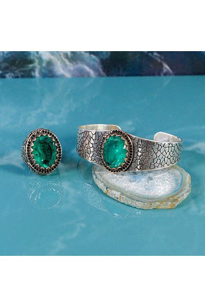 vetesbih Paraiba Jewelled Silver Bracelet and Ring Combination Z1524