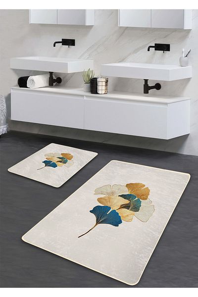 Pilloveland Covoraș de baie lavabil cu bază anti-alunecare din 2 piese - cu model Ginkgo auriu 60*100 cm - 50*60 cm